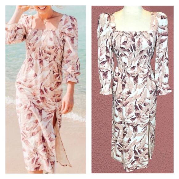 NWT House of Harlow 1960 Palm Leaf Linen Smocked Midi Dress L Cottagecore Boho - Picture 2 of 16